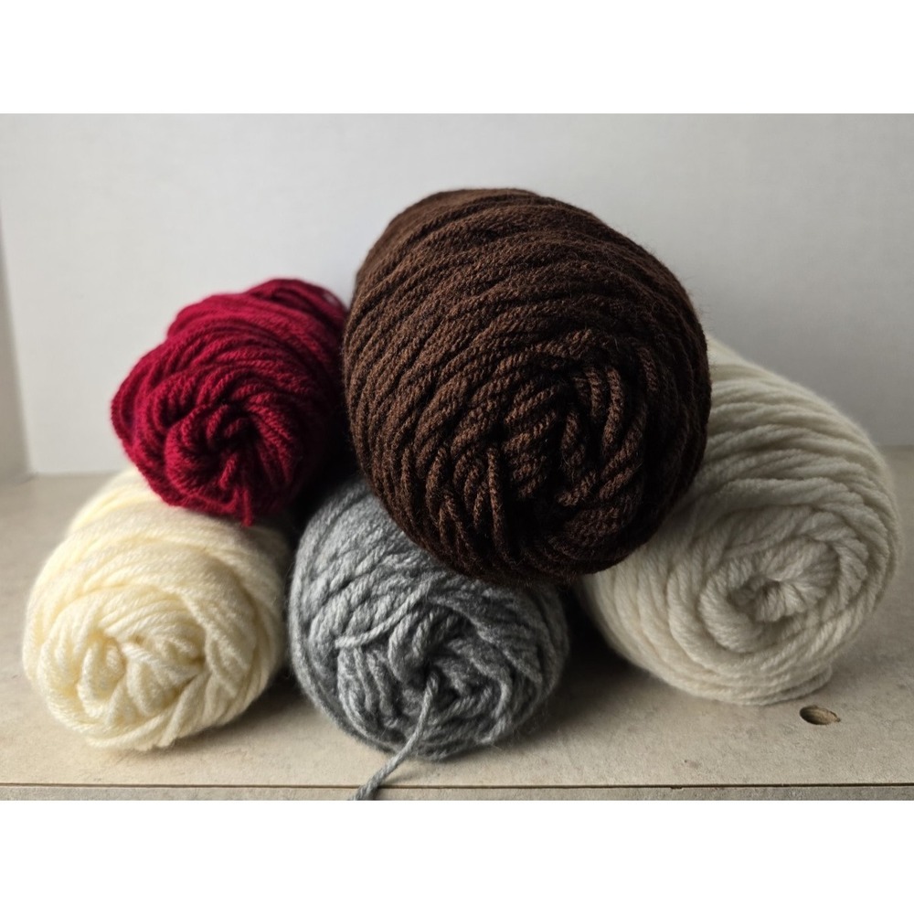 Pop'n Yarn Assorted Lot 5 Skeins Brown Grey Cream Red Acrylic Knitting Crochet